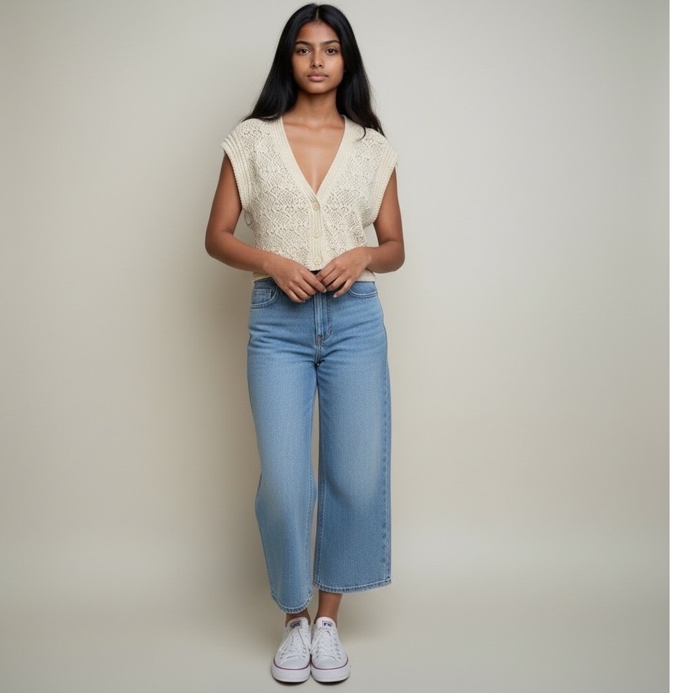 Marc New York Andrew Marc Cream Pointelle Knit Cropped Cardigan Sweater Vest M